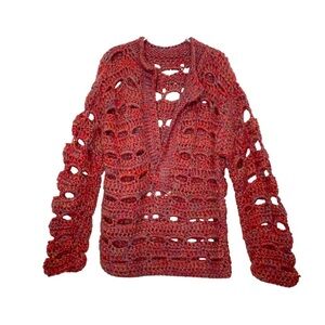 Vintage Fancy Knit Oversized Open Marled Yarn Pullover Sweater Cranberry Blue M